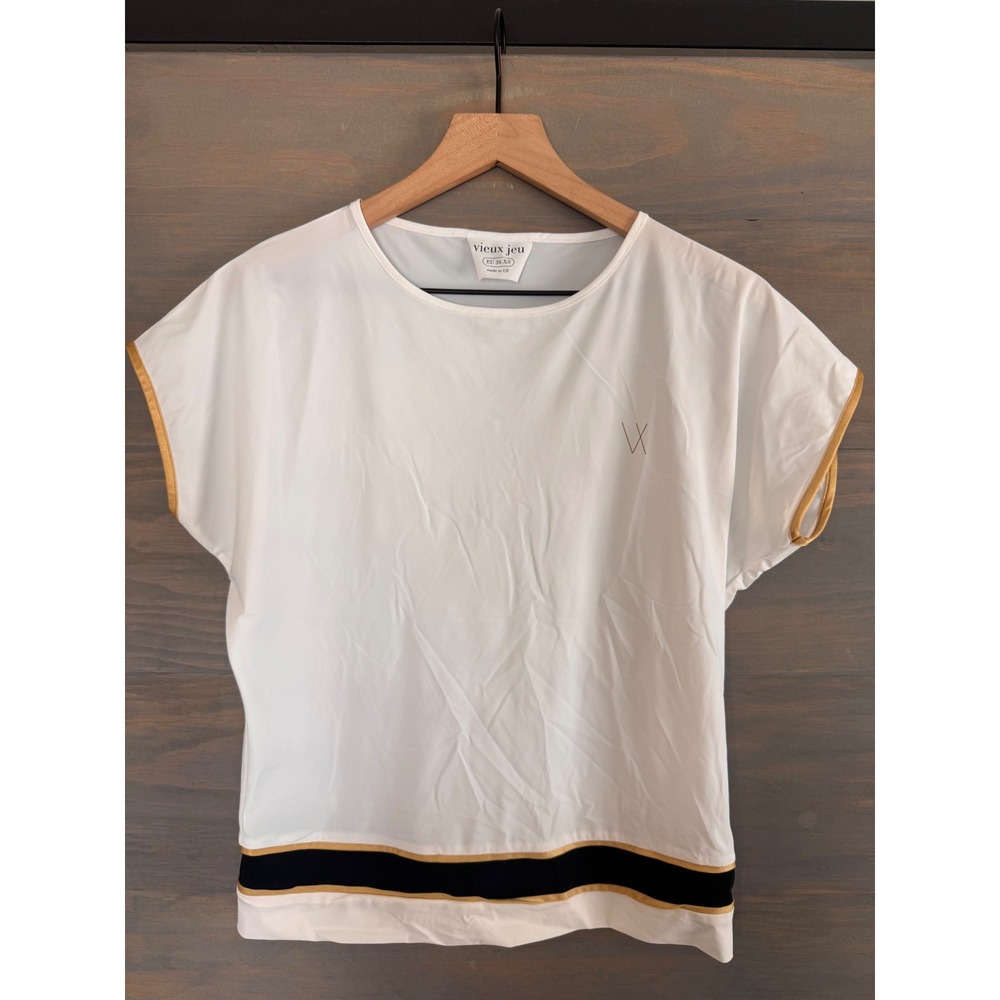 Vieux Jeu Womens White Tennis Top Gold Black Trim Cap Sleeve Activewear EU 34 XS